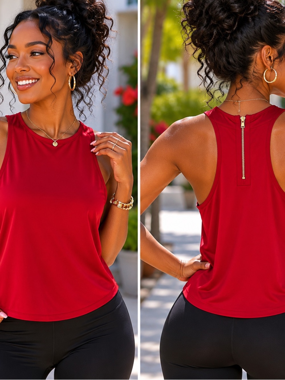 Pink Rose Red Racerback Tank with Gold Zip Detail